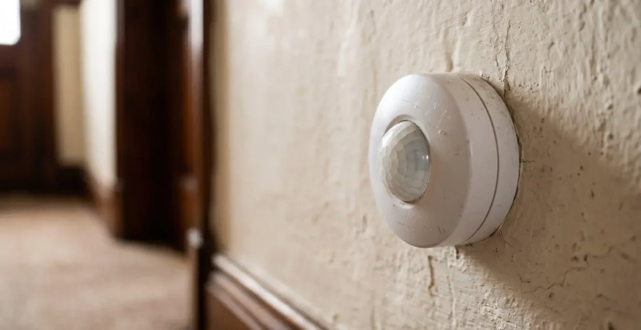 Close-up view of motion sensor placement in a typical UK home hallway showing natural light and architectural details