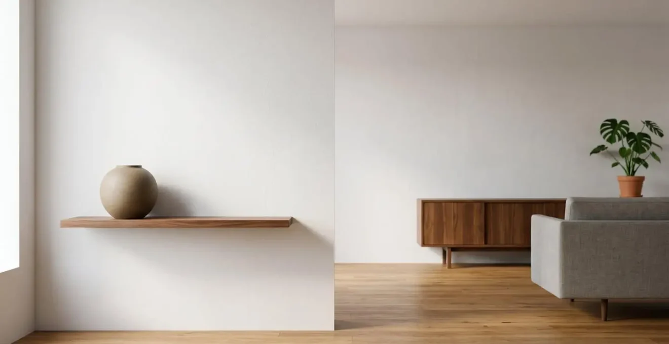 Wide minimalist living room composition showing a timeless ceramic vessel on a floating shelf, surrounded by negative space and natural light, emphasizing enduring design over trends