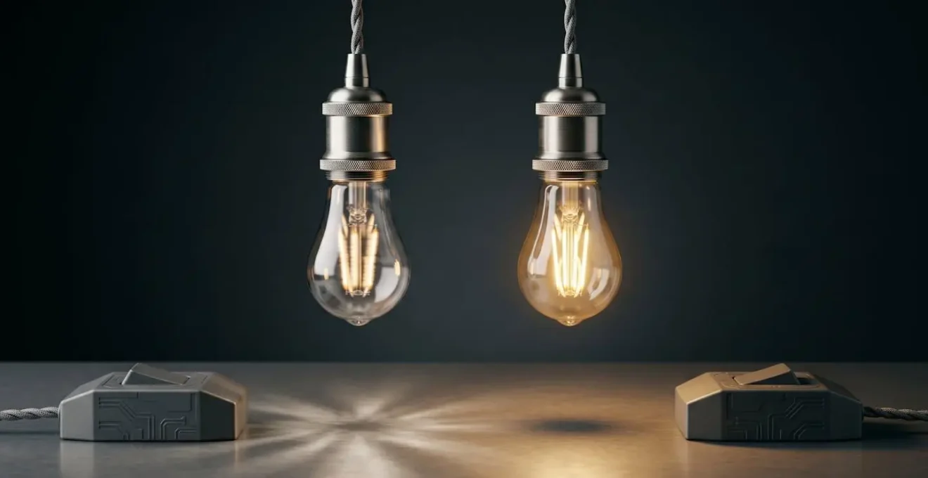 A symbolic comparison of two LED bulbs, one flickering with distorted light and the other with a smooth, steady glow.