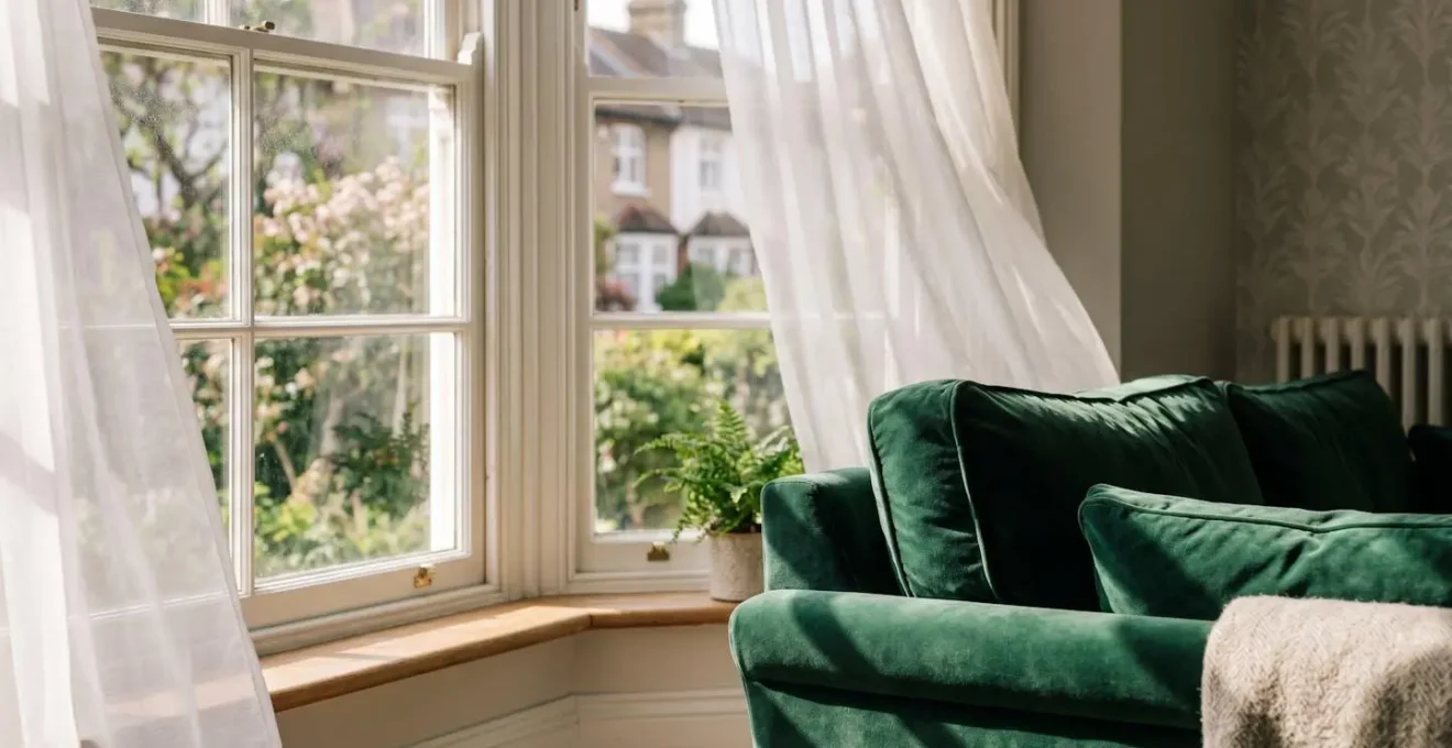Velvet upholstery bathed in soft spring daylight through open UK bay windows