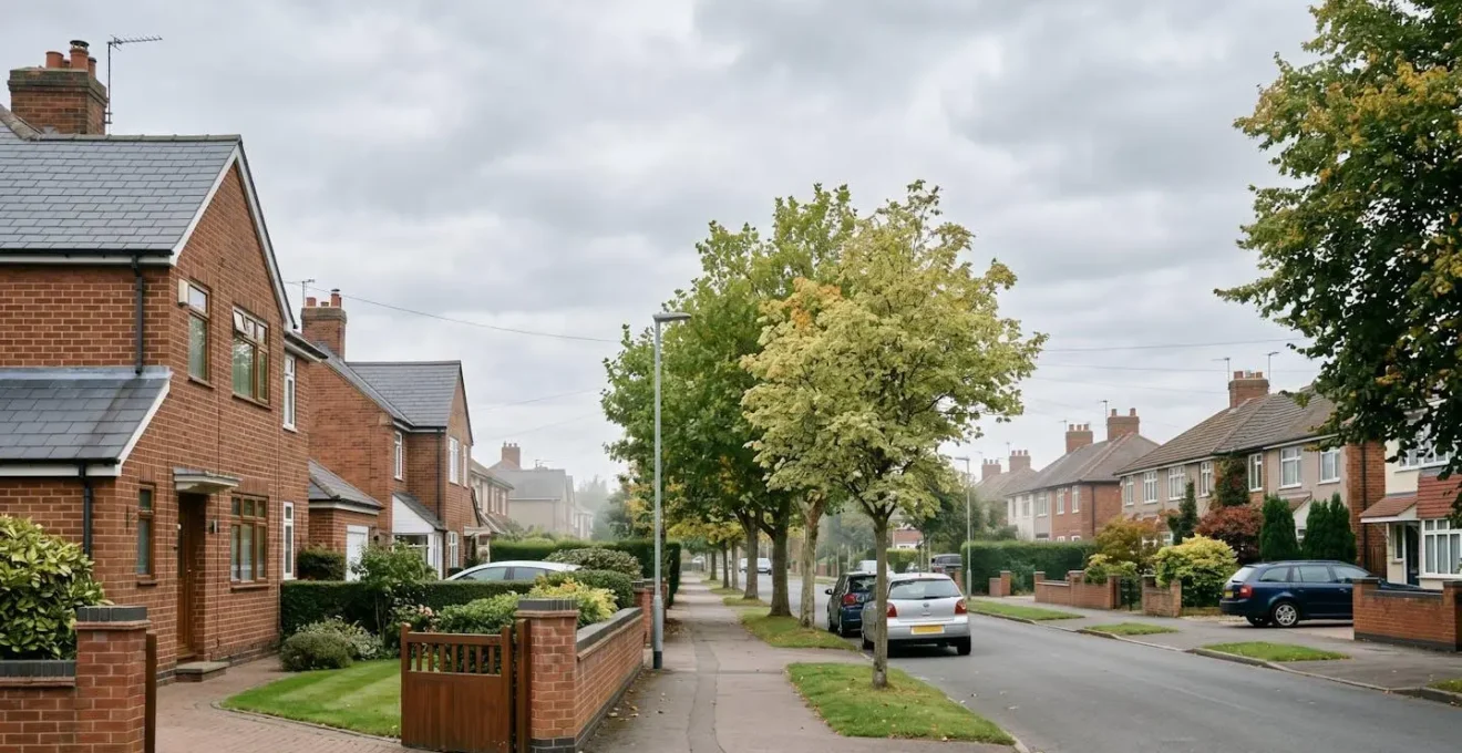 Wide environmental shot showing a residential UK street in early autumn with subtle seasonal context