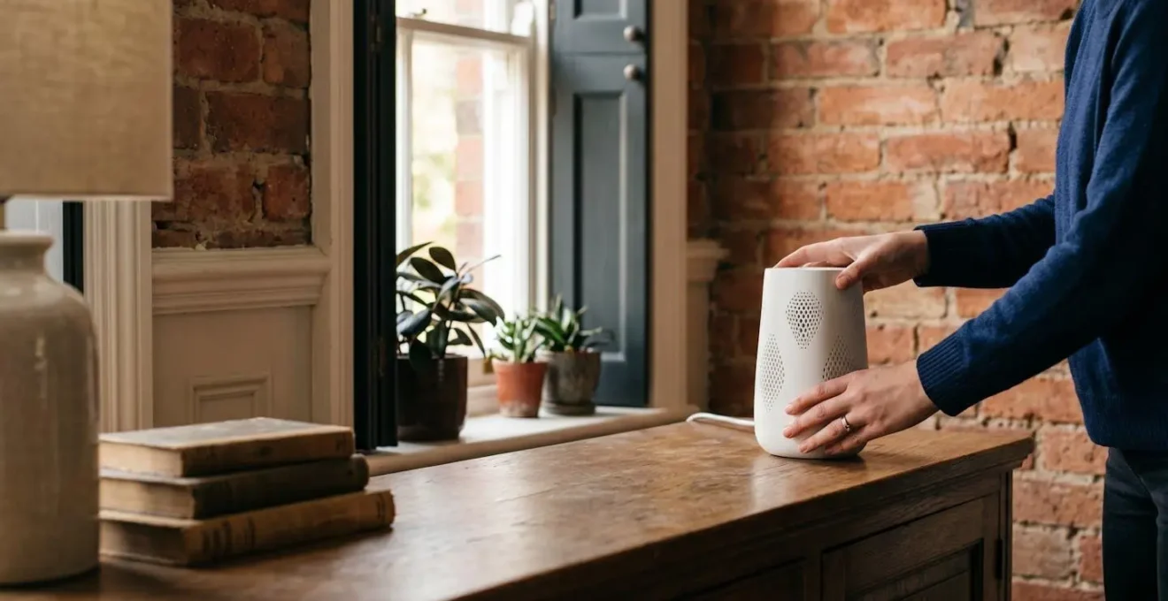 Mesh WiFi system nodes positioned throughout a traditional UK home with thick brick walls