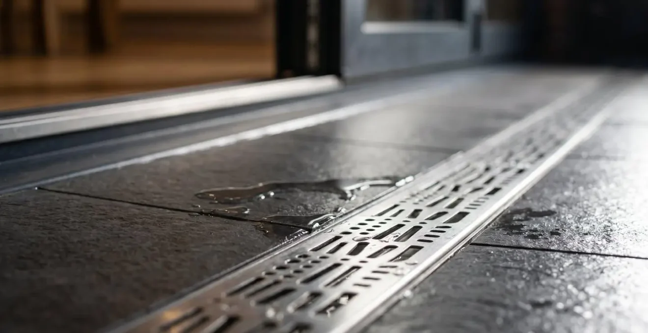 Close-up detail of a correctly installed patio drainage gradient with a linear channel drain against a house wall.