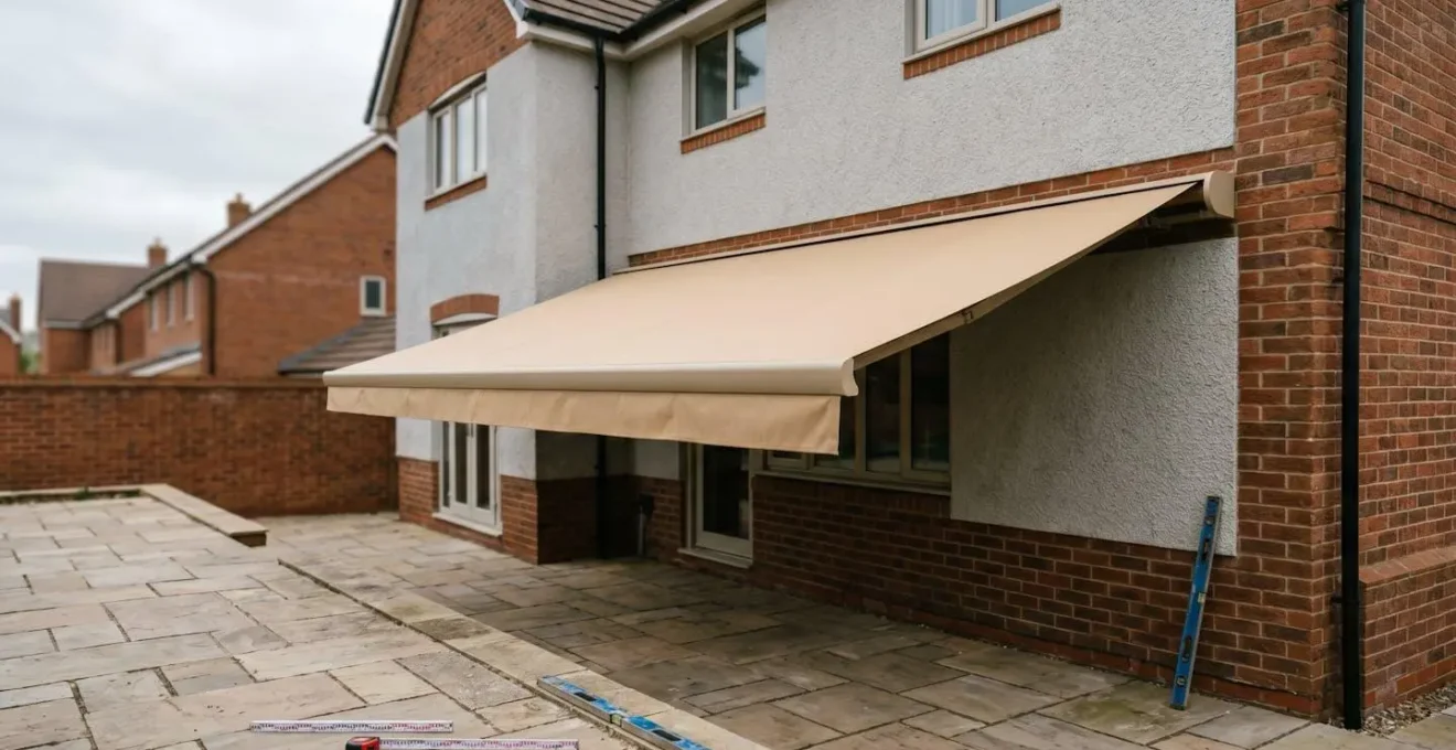 Modern retractable patio awning installation on a British home's rear elevation, complying with permitted development rules.