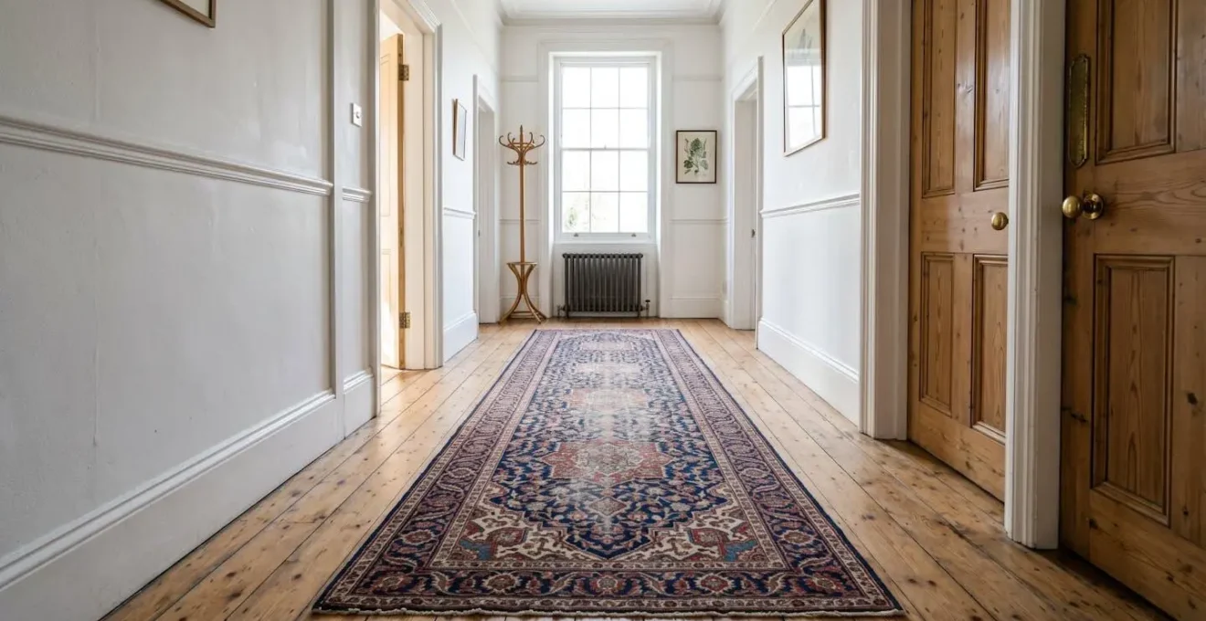 Wide shot of British Victorian hallway showing how quality rugs age gracefully over decades
