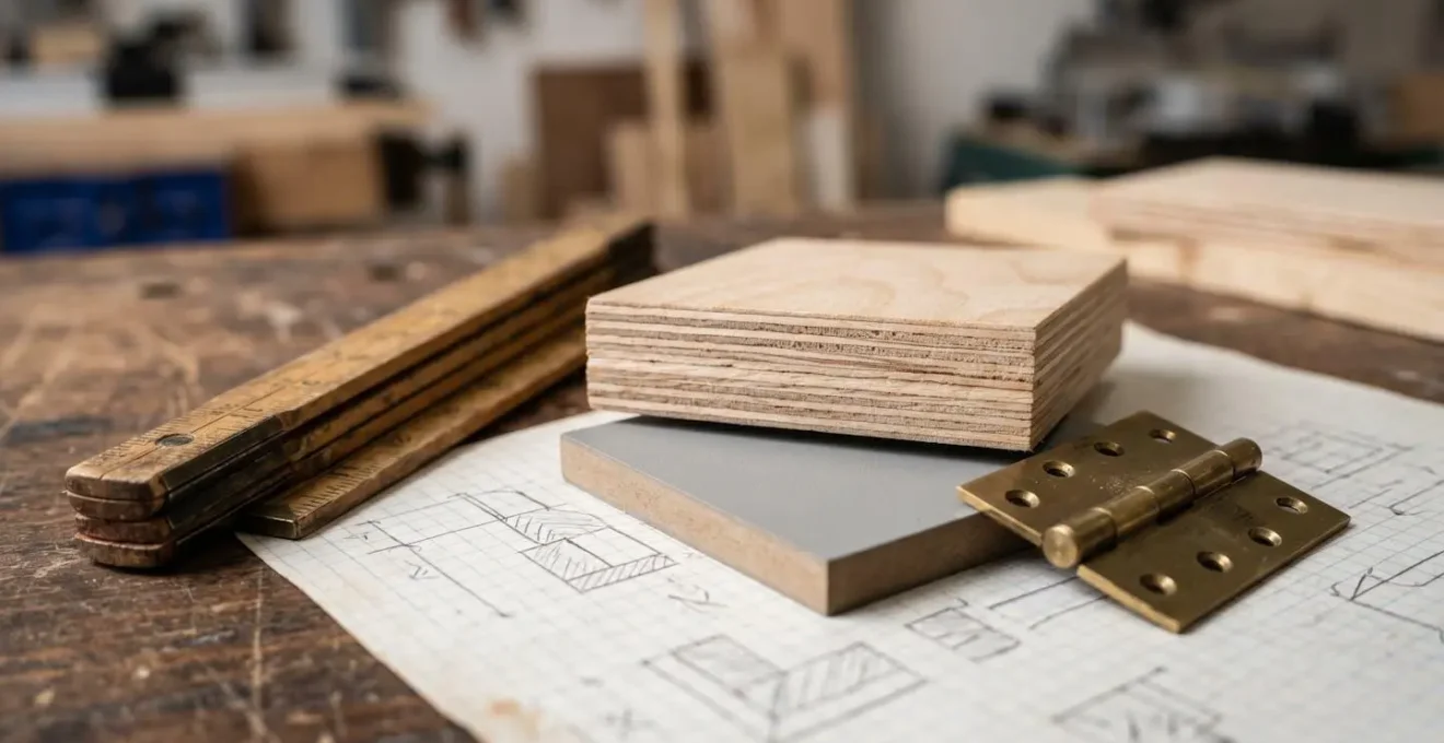Detailed joinery planning materials including measurement tools, material samples and design sketches on a workshop table