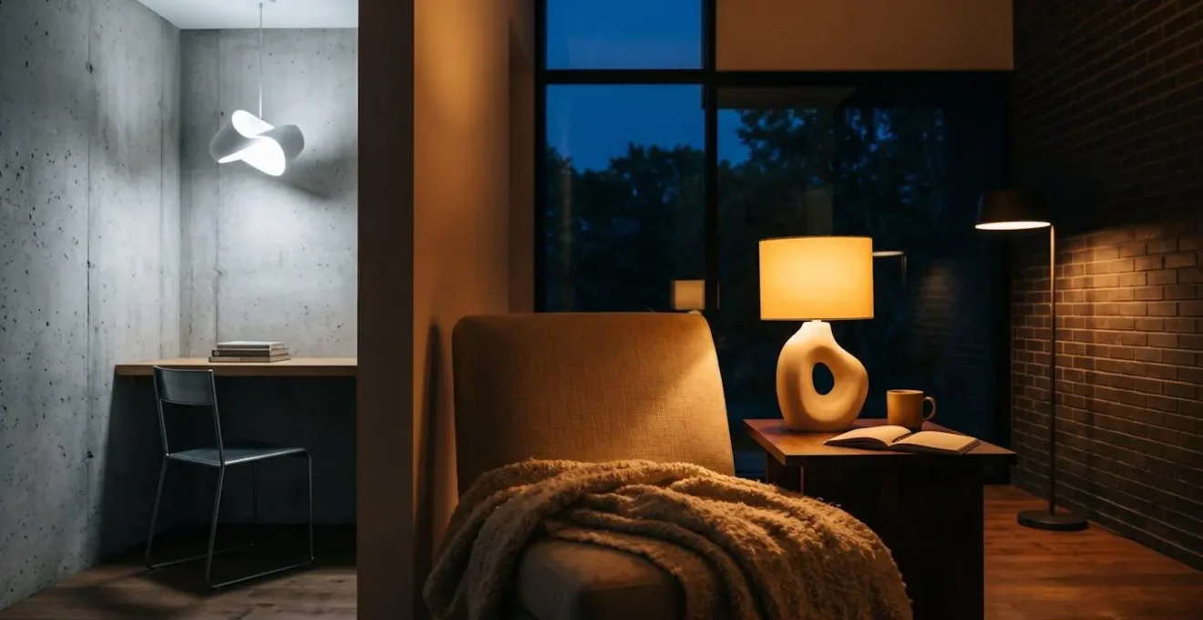 Serene evening living room scene with warm amber lighting creating calming atmosphere for sleep preparation