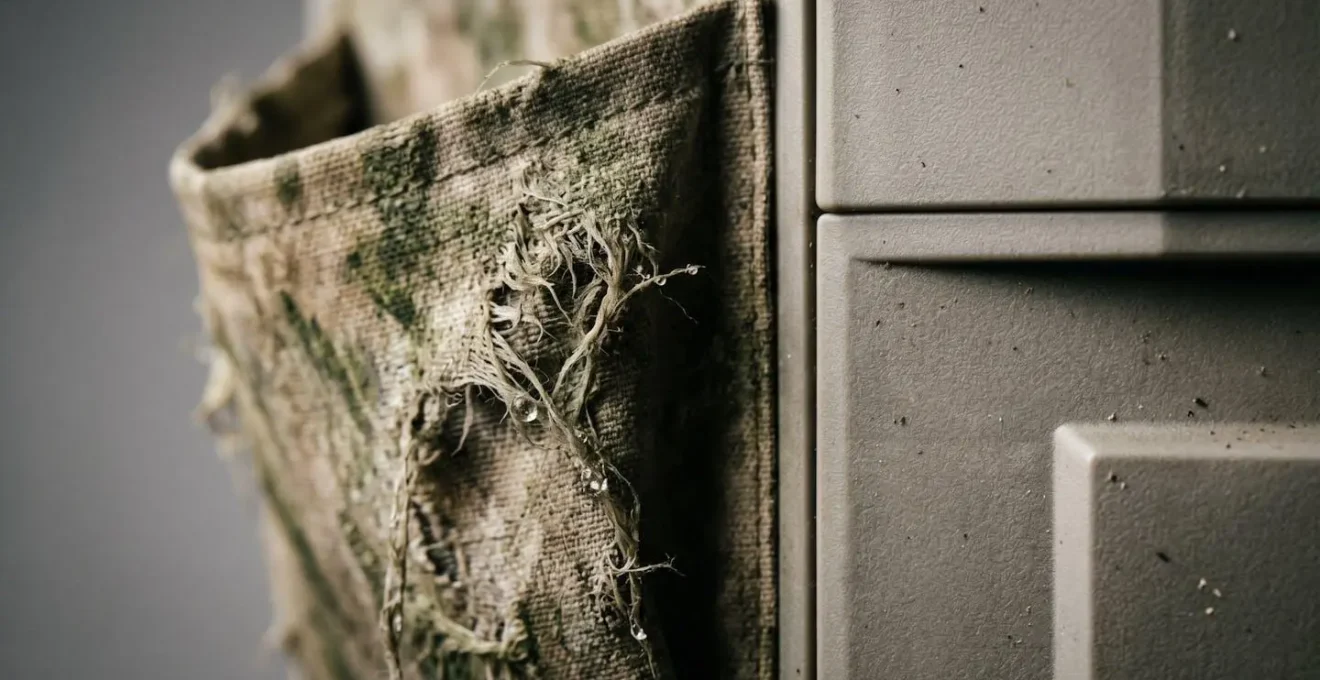 Macro detail comparing weathered fabric pocket material with a durable modular panel after UK outdoor exposure