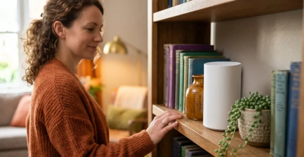 Mesh WiFi network node elegantly placed on wooden bookshelf blending with modern UK home interior design